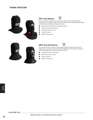 THERMAL PROTECTION

69011 Arctic Balaclava
This Arctic balaclava is designed using a 3-layer system of flame-resistant 390g fleece outside for
protection, plus a PU membrane in between an inner layer of flame-resistant treated 150g fleece for added
warmth. Windproof and breathable with generous neck cover.
■	

Balaclava design provides ultimate cold-weather protection

■	

Covers below the neck for extra warmth

■	

Hook  loop closure for a snug fit

■	

Straps tie to hard hat

■	

Reflective striping on back

69010 Arctic Hard Hat Liner
This Arctic hard hat liner incorporates a 3-layer system using a flame-resistant cotton outer shell for
protection, plus an inner layer of flame-resistant treated 290g fleece and a PU membrane in between for
added warmth. Windproof and breathable with generous neck cover.
Covers below the neck for extra warmth

■	

Hook  loop closure for a snug fit

■	

Straps tie to hard hat

■	

Reflective striping on back

THERMAL
PROTECTION

■	

+1.651.385.1140

60

Whenever safety is critical, Red Wing has you covered.™

 