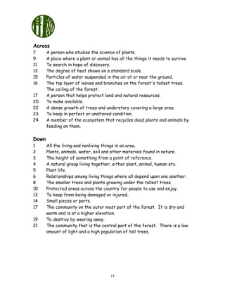 14
Across
7 A person who studies the science of plants.
9 A place where a plant or animal has all the things it needs to survive.
11 To search in hope of discovery.
12 The degree of heat shown on a standard scale.
15 Particles of water suspended in the air at or near the ground.
16 The top layer of leaves and branches on the forest's tallest trees.
The ceiling of the forest.
17 A person that helps protect land and natural resources.
20 To make available.
22 A dense growth of trees and understory covering a large area.
23 To keep in perfect or unaltered condition.
24 A member of the ecosystem that recycles dead plants and animals by
feeding on them.
Down
1 All the living and nonliving things in an area.
2 Plants, animals, water, soil and other materials found in nature.
3 The height of something from a point of reference.
4 A natural group living together, either plant, animal, human etc.
5 Plant life.
6 Relationships among living things where all depend upon one another.
8 The smaller trees and plants growing under the tallest trees.
10 Protected areas across the country for people to use and enjoy.
13 To keep from being damaged or injured.
14 Small pieces or parts.
17 The community on the outer most part of the forest. It is dry and
warm and is at a higher elevation.
19 To destroy by wearing away.
21 The community that is the central part of the forest. There is a low
amount of light and a high population of tall trees.
 