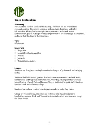 23
Creek Exploration
Summary
Park staff and teacher facilitate this activity. Students are led to the creek
exploration area. Groups re-assemble and are given directions and safety
information. Group leaders are given thermometers and creek insect
identification guides. Groups conduct exploration of life in the edge of the creek,
and note their findings in their journals.
Time
60 minutes
Materials
Bugboxes
Insect identification guides
Pencils
Journals
Water thermometers
Lesson
Students are first given a safety lesson in the dangers of poison oak and stinging
nettle.
Students divide into their groups. Students use thermometers to check water
temperature and bugboxes to trap insects, recording findings in their journals.
Identification of small fish and Banana Slugs is facilitated by park staff. Students
learn of creek and salmon ecology.
Students learn about erosion by using creek rocks to make face paint.
Group are re-assembled, materials are collected and students are led to
bus/bathroom area. Park staff thank the students for their attention and recap
the day’s events.
 