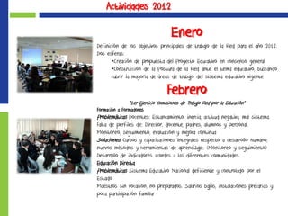 Actividades 2012
Enero
Definición de los objetivos principales de trabajo de la Red para el año 2012.
Dos esferas:
•Creación de propuesta del Proyecto Educativo en consenso general
•Construcción de la Postura de la Red ante el tema educativo, buscando
cubrir la mayoría de áreas de trabajo del sistema educativo vigente
Febrero
“1er Ejercicio Comisiones de Trabajo Red por la Educación”
Formación a Formadores
Problemáticas Docentes: Estancamiento, inercia, actitud negativa, mal sistema.
Falta de perfiles de: Director, docente, padres, alumnos y personal.
Monitoreo, seguimiento, evaluación y mejora continua
Soluciones Cursos y capacitaciones integrales respecto a desarrollo humano,
nuevos métodos y herramientas de aprendizaje. (Monitoreo y seguimiento)
Desarrollo de indicadores acordes a las diferentes comunidades.
Educación Directa
Problemáticas Sistema Educativo Nacional deficiente y controlado por el
Estado
Maestros sin vocación, no preparados. Salarios bajos, instalaciones precarias y
poca participación familiar
 
