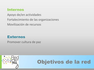 InternosApoyo de/en actividadesFortalecimiento de las organizaciones Movilización de recursos ExternosPromover cultura de paz Objetivos de la red