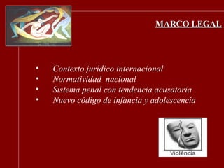 MARCO LEGAL Contexto  jurídico internacional  Normatividad  nacional  Sistema penal con tendencia acusatoria  Nuevo código de infancia y adolescencia 
