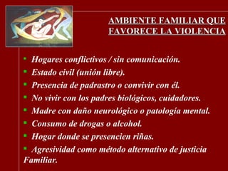 AMBIENTE FAMILIAR QUE FAVORECE LA VIOLENCIA Hogares conflictivos / sin comunicación. Estado civil (unión libre). Presencia de padrastro o convivir con él. No vivir con los padres biológicos, cuidadores. Madre con daño neurológico o patología mental. Consumo de drogas o alcohol. Hogar donde se presencien riñas. Agresividad como método alternativo de justicia Familiar. 