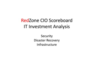 RedZone CIO Scoreboard
IT Investment Analysis
Security
Disaster Recovery
Infrastructure

 