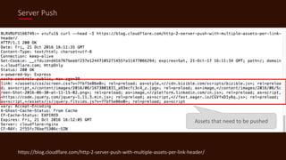 Server Push
https://blog.cloudflare.com/http-2-server-push-with-multiple-assets-per-link-header/
Assets that need to be pushed
 
