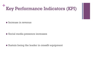 +
    Key Performance Indicators (KPI)

    n    Increase in revenue



    n    Social media presence increases



    n    Sustain being the leader in crossfit equipment
 