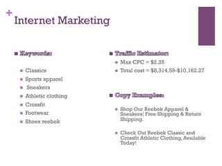 +
    Internet Marketing


                               n    Max CPC = $2.25
     n    Classics            n    Total cost = $8,314.59-$10,162.27
     n    Sports apparel
     n    Sneakers
     n    Athletic clothing
     n    Crossfit
                               n    Shop Our Reebok Apparel &
     n    Footwear                  Sneakers! Free Shipping & Return
     n    Shoes reebok              Shipping.

                               n    Check Out Reebok Classic and
                                     Crossfit Athletic Clothing, Available
                                     Today!
 