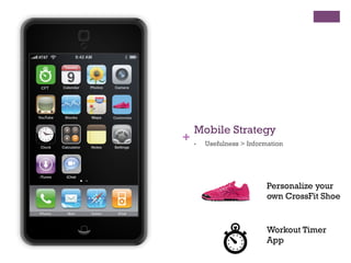 Mobile Strategy
+   •    Usefulness > Information




                            Personalize your
                            own CrossFit Shoe


                            Workout Timer
                            App
 