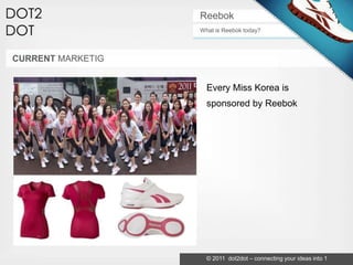 Reebok
                   What is Reebok today?



CURRENT MARKETIG


                     Every Miss Korea is
                     sponsored by Reebok




                     © 2011 dot2dot – connecting your ideas into 1
 