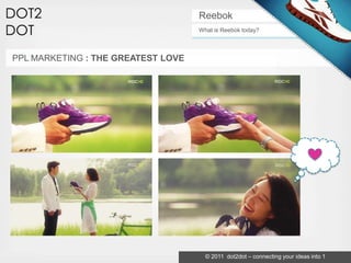 Reebok
                                    What is Reebok today?



PPL MARKETING : THE GREATEST LOVE




                                      © 2011 dot2dot – connecting your ideas into 1
 