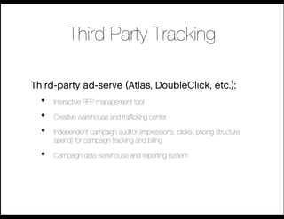 Third Party Tracking

Third-party ad-serve (Atlas, DoubleClick, etc.):
  •    Interactive RFP management tool

  •    Creative warehouse and trafﬁcking center

  •    Independent campaign auditor (impressions, clicks, pricing structure,
       spend) for campaign tracking and billing

  •    Campaign data warehouse and reporting system 
 