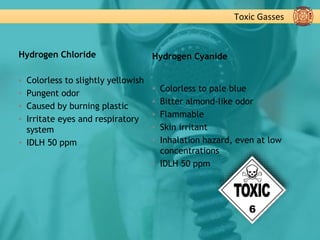 Toxic Gasses
Hydrogen Chloride
▪ Colorless to slightly yellowish
▪ Pungent odor
▪ Caused by burning plastic
▪ Irritate eyes and respiratory
system
▪ IDLH 50 ppm
Hydrogen Cyanide
▪ Colorless to pale blue
▪ Bitter almond-like odor
▪ Flammable
▪ Skin irritant
▪ Inhalation hazard, even at low
concentrations
▪ IDLH 50 ppm
 