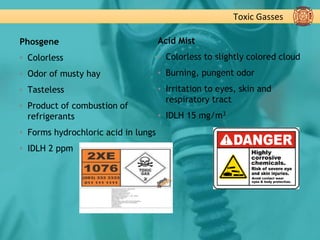 Toxic Gasses
Phosgene
▪ Colorless
▪ Odor of musty hay
▪ Tasteless
▪ Product of combustion of
refrigerants
▪ Forms hydrochloric acid in lungs
▪ IDLH 2 ppm
Acid Mist
▪ Colorless to slightly colored cloud
▪ Burning, pungent odor
▪ Irritation to eyes, skin and
respiratory tract
▪ IDLH 15 mg/m3
 
