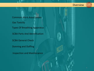 Overview
4
Common Work Area Gasses
Gas Toxicity
Types Of Breathing Apparatus
SCBA Parts And Identification
SCBA General Check
Donning and Doffing
Inspection and Maintenance
 