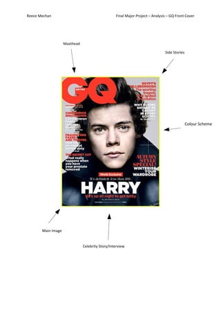 Reece Mechan Final Major Project – Analysis – GQ Front Cover
Masthead
Main Image
Side Stories
Celebrity Story/Interview
Colour Scheme
 
