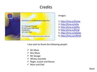 Credits
                                Images:

                                1. http://tiny.cc/fnetw
                                2. http://tiny.cc/xiltq
                                3. http://tiny.cc/p5fsv
                                4. http://tiny.cc/81rgl
                                5. http://tiny.cc/w62pv
                                6. http://tiny.cc/u9fm0


I also wish to thank the following people:

   Mr More
   Mrs More
   Mr Savage
   Whaea Jeanette
   Roger, Justize and Danae
   Mum and Dad
                                                          Reed
 