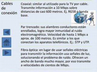 Cables
de
conexión
Coaxial: similar al utilizado para la TV por cable.
Transmite información a 10 Mbps sobre
distancias de casi 600 metros. Ej. RG58 o banda
base.
Par trenzado: sus alambres conductores están
enrollados, logra mayor inmunidad al ruido
electromagnético. Velocidad de hasta 1 Mbps a
aprox. de 100 metros. Es similar a los que
conectan los aparatos telefónicos. Ej.: STP y UTP.
Fibra óptica: en lugar de usar señales eléctricas
para transmitir la información usa señales de luz,
solucionando el problema de ruido. Ofrecen un
ancho de banda mucho mayor, por eso transmite
a velocidades de cientos de Mbps.
 