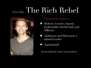 Owner Type:   The Rich Rebel
                     Characteristics
                 •   Modern, Creative, Sporty,
                     Fashionable, Intellectual, and
                     Afﬂuent

                 •   Ambitious and Motivated, a
                     natural Leader

                 •   Aspirational

                  Desired Brands: Audi, Acura, Inﬁnity
 