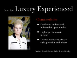 Owner Type:   Luxury Experienced
                     Characteristics
                      •   Conﬁdent, understated,
                          informed & open minded

                      •   High expectations &
                          income

                      •   Desires exclusivity, classic
                          style, precision and leisure


                    Desired Brands: Lexus, Rolls Royce, Bentley
 