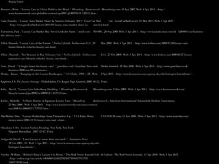 Works Cited


Brenner , Brian . "Luxury Cars in China: Pedal to the Metal ." Bloomberg Businessweek . Bloomberg.com, 19 Apr 2007. Web. 4 Apr 2011. <http://
     www.businessweek.com/globalbiz/content/apr2007/gb20070419_530515.htm>.


Cain, Timothy . "Luxury Auto Market Share In America February 2011." Good Car Bad      Car . GoodCarBadCar.net, 03 Mar 2011. Web. 4 Apr 2011.
       <http://www.goodcarbadcar.net/2011/03/luxury-auto-market-share-in-  america.html>.

Eisenstein, Paul . "Luxury Car Market May Never Look the Same ." msnbc.com . MSNBC, 28 Sep 2009. Web. 3 Apr 2011. <http://www.msnbc.msn.com/id/ 32860931/ns/business-
the_drivers_seat/>.


Elliot, Hannah. "Luxury Cars of the Future ." Forbes:Lifestyle. Forbes.com LLC, 29      Mar 2009 . Web. 4 Apr 2011. <http://www.forbes.com/2009/03/20/luxury-cars-
        future-lifestyle-vehicles-luxury-cars.html>


Elliot , Hannah . "Ten Reasons to Buy A Luxury Car ." Forbes:Lifestyle . Forbes.com     LLC, 27 Feb 2009 . Web. 3 Apr 2011. <http://www.forbes.com/2009/02/27/luxury-
        expensive-cars-lifestyle-vehicles_luxury_cars.html>.


Gow , David . "A bright future for luxury cars? ." guardian.co.uk. Guardian News and    Media Limited , 05 Mar 2008 . Web. 4 Apr 2011. <http://www.guardian.co.uk/
      business/2008/mar/05/automotive>.
Healey , James . "Jumping on the Luxury Bandwagon ." USA Today (1994 ): 2B . Web.       2 Apr 2011. <http://www.lexisnexis.com.ezproxy.uky.edu/hottopics/lnacademic/>.


Kapferer, J.N. The Luxury Strategy . Philadelphia, PA: Kogan Page Limited, 2009. 46-52. Print.


Kiley , David . "Luxury Cars Sales Keep Skidding ." Bloomberg Businessweek .     Bloomberg.com, 13 Jan 2009 . Web. 4 Apr 2011. <http://www.businessweek.com/
        lifestyle/content/jan2009/bw20090113_852243.htm>.


Krebs , Michelle . "A Short History of Japanese Luxury Cars ." Bloomberg    Businessweek . American International Automobile Dealers Association,
      23 Mar 2006 . Web. 3 Apr 2011. <http://www.businessweek.com/autos/content/
      may2006/bw20060523_579325.htm>.


MacMedan, Dan . "Luxury Dealerships Soup Themselves Up ." USA Today Money.              USATODAY.com, 15 Nov 2006 . Web. 4 Apr 2011. <http://www.usatoday.com/
     money/autos/2006-11-15-luxury-cars-usat_x.htm>.


Okonkwo, Uche . Luxury Fashion Branding. New York, New York :
     Palgrave Macmillan , 2007. 65-67. Print.


Sedgwick, David . "Lutz: Luxury is 'more than you need' ." Automotive News
     18 Oct 2004 : 16 . Web. 3 Apr 2011. <http://www.lexisnexis.com.ezproxy.uky.edu/
     hottopics/lnacademic/>.


Snyder , William . "Behind China's Luxury-Car Boom ." The Wall Street Journal: Life & Culture . The Wall Street Journal , 15 Apr 2010 . Web. 4 Apr 2011.
     <http://online.wsj.com/article/SB1000142405270230473910457515376
     1466335620.html>.
 