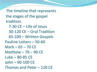 The timeline that represents
 the stages of the gospel
 tradition.
   7-30 CE – Life of Jesus
   30-120 CE – Oral Tradition
   65-100 – Written Gospels
Pauline Letters – 50-60
Mark – 65 – 70 CE
Matthew – 70 – 90 CE
Luke – 80-85 CE
John – 90-100 CE
Thomas and Peter – 120 CE
 
