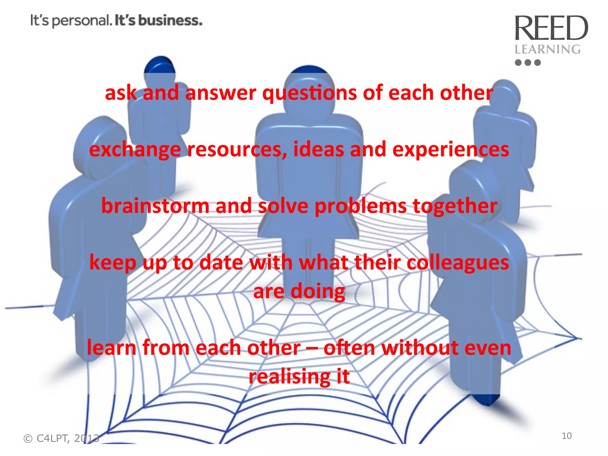  
	
  

ask	
  and	
  answer	
  ques:ons	
  of	
  each	
  other	
  
	
  
exchange	
  resources,	
  ideas	
  and	
  experiences	
  
	
  
brainstorm	
  and	
  solve	
  problems	
  together	
  
keep	
  up	
  to	
  date	
  with	
  what	
  their	
  colleagues	
  	
  
are	
  doing	
  
learn	
  from	
  each	
  other	
  –	
  oAen	
  without	
  even	
  
realising	
  it	
  

© C4LPT, 2013

10	
  

 