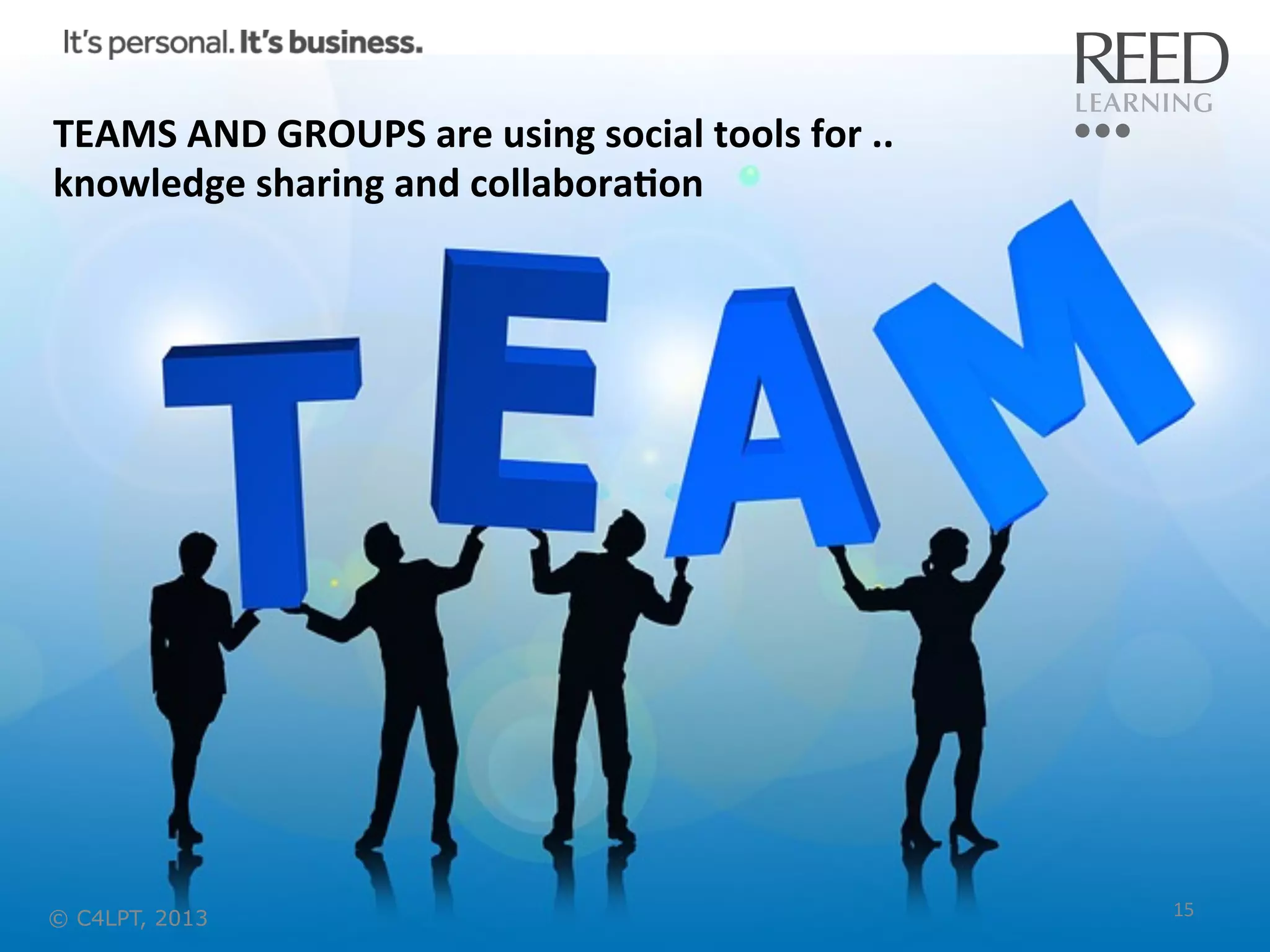 TEAMS	
  AND	
  GROUPS	
  are	
  using	
  social	
  tools	
  for	
  ..	
  
knowledge	
  sharing	
  and	
  collabora:on	
  

© C4LPT, 2013

15	
  

 
