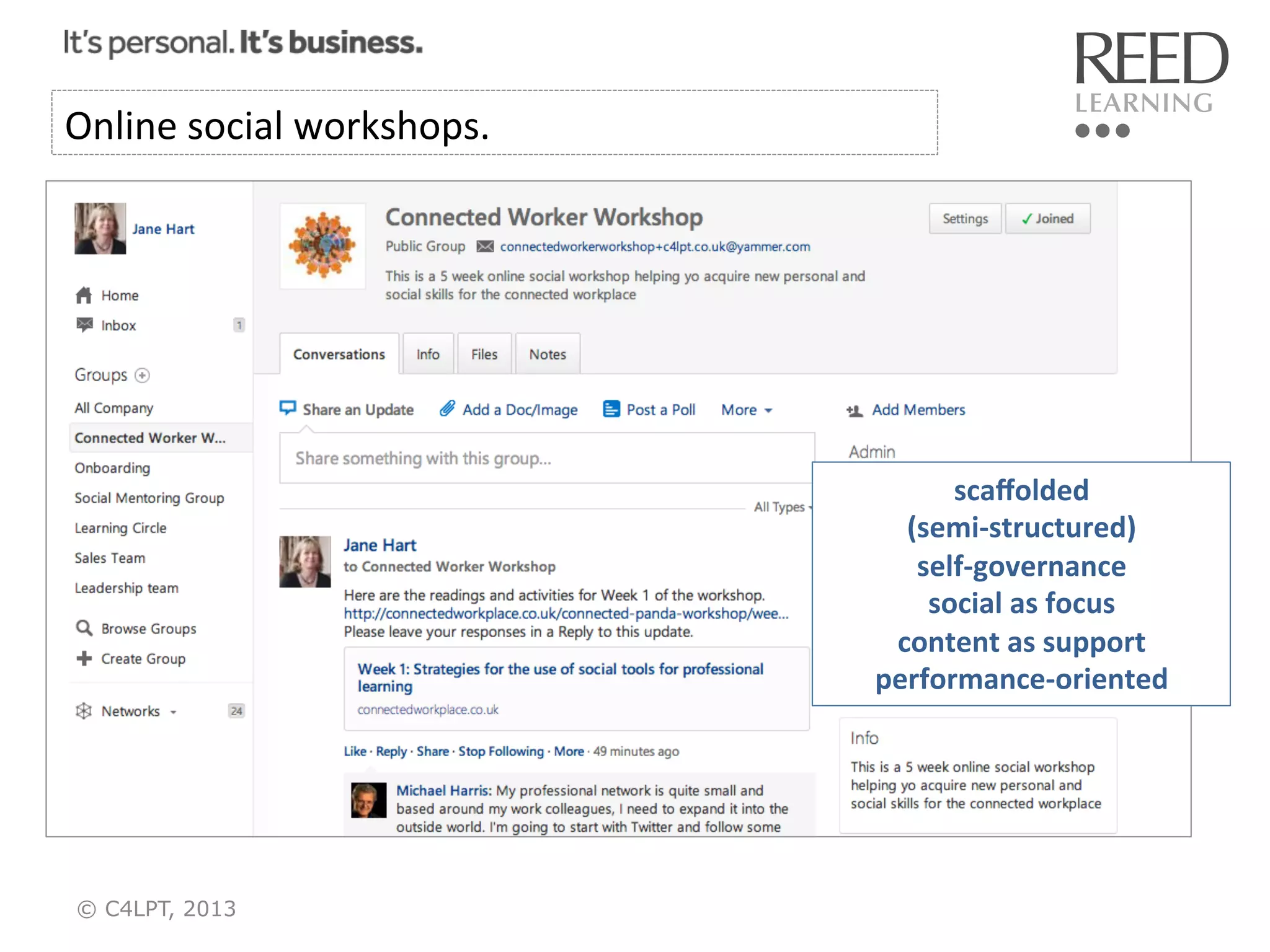 Online	
  social	
  workshops.	
  

scaﬀolded	
  	
  
(semi-­‐structured)	
  
self-­‐governance	
  
social	
  as	
  focus	
  
content	
  as	
  support	
  	
  
performance-­‐oriented	
  

© C4LPT, 2013

 