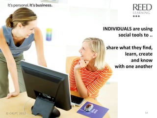 INDIVIDUALS	
  are	
  using	
  	
  
social	
  tools	
  to	
  ..	
  
	
  
share	
  what	
  they	
  ﬁnd,	
  
	
  learn,	
  create	
  	
  
and	
  know	
  
with	
  one	
  another	
  

© C4LPT, 2013

14	
  

 