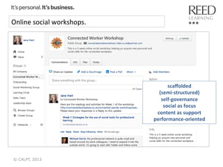 Online	
  social	
  workshops.	
  

scaﬀolded	
  	
  
(semi-­‐structured)	
  
self-­‐governance	
  
social	
  as	
  focus	
  
content	
  as	
  support	
  	
  
performance-­‐oriented	
  

© C4LPT, 2013

 
