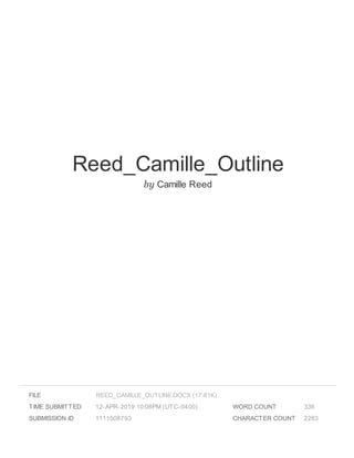 Reed_Camille_Outline
by Camille Reed
FILE
TIME SUBMITTED 12-APR-2019 10:08PM (UTC-0400)
SUBMISSION ID 1111508793
WORD COUNT 336
CHARACTER COUNT 2283
REED_CAMILLE_OUTLINE.DOCX (17.81K)
 