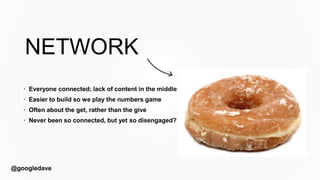 @googledave
COMMUNIT
Y· Like jam, content in middle creates stickiness
· Holds it together, so we go back for more
· Peopl...