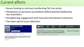 • Secure funding to continue transforming ToC into action
• Perspective on pervasive assumptions behind poverty-biodiversity
loss association
• Strengthening engagement with local and international institutions
• Two open special issue collections
Current efforts
 