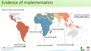 Latin America &
Caribbean (n 38)
Southern Africa (n 13)
South Asia (n 16)
East Asia & Pacific (n 33)
West Africa (n 16)
East Africa (n 41)
Multi-region (n 9)
Evidence of implementation
Reed et al. 2017 Land Use Policy
 