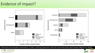 Evidence of impact?
Enhanced soil and water conservation, income, and crop production were the most frequently cited impacts (Reed et al. 2017)
 