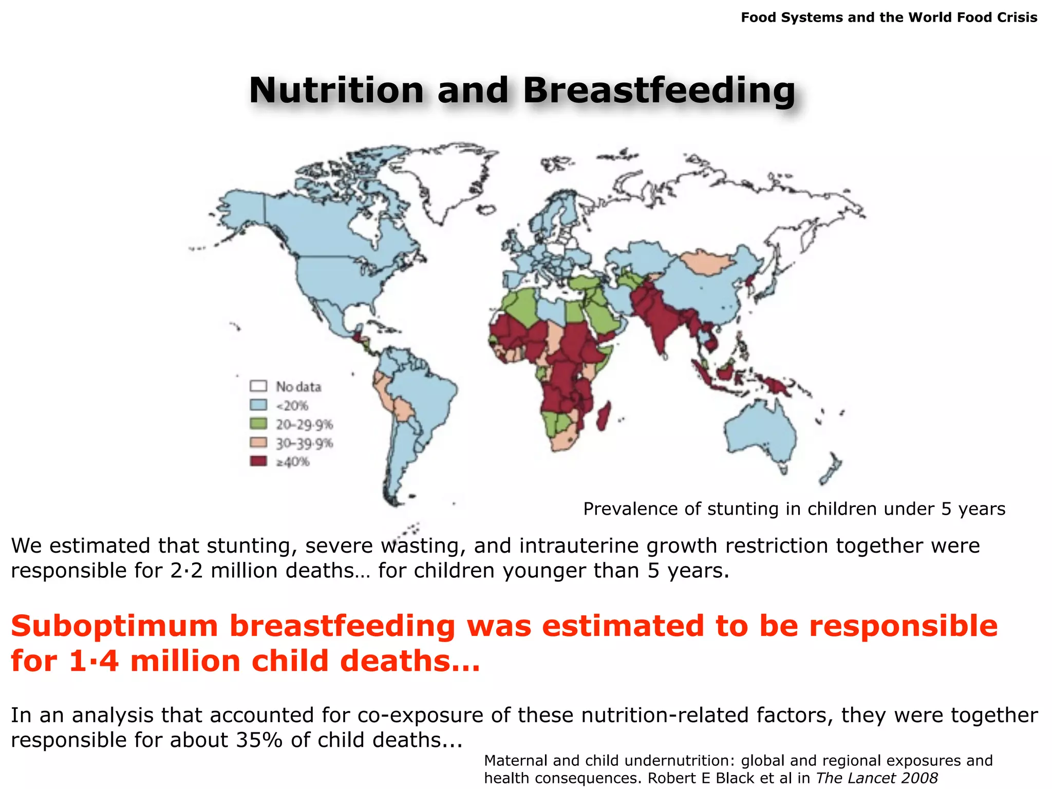 Food Systems and the World Food Crisis




                       Nutrition and Breastfeeding




                                                            Prevalence of stunting in children under 5 years

We estimated that stunting, severe wasting, and intrauterine growth restriction together were
responsible for 2·2 million deaths… for children younger than 5 years.

Suboptimum breastfeeding was estimated to be responsible
for 1·4 million child deaths…
In an analysis that accounted for co-exposure of these nutrition-related factors, they were together
responsible for about 35% of child deaths...
                                       Maternal and child undernutrition: global and regional exposures and
                                               Maternal and child undernutrition: global and regional exposures and
                                       health consequences. Robert E Black etet alin The Lancet 2008
                                               health consequences. Robert E Black al in The Lancet 2008
 