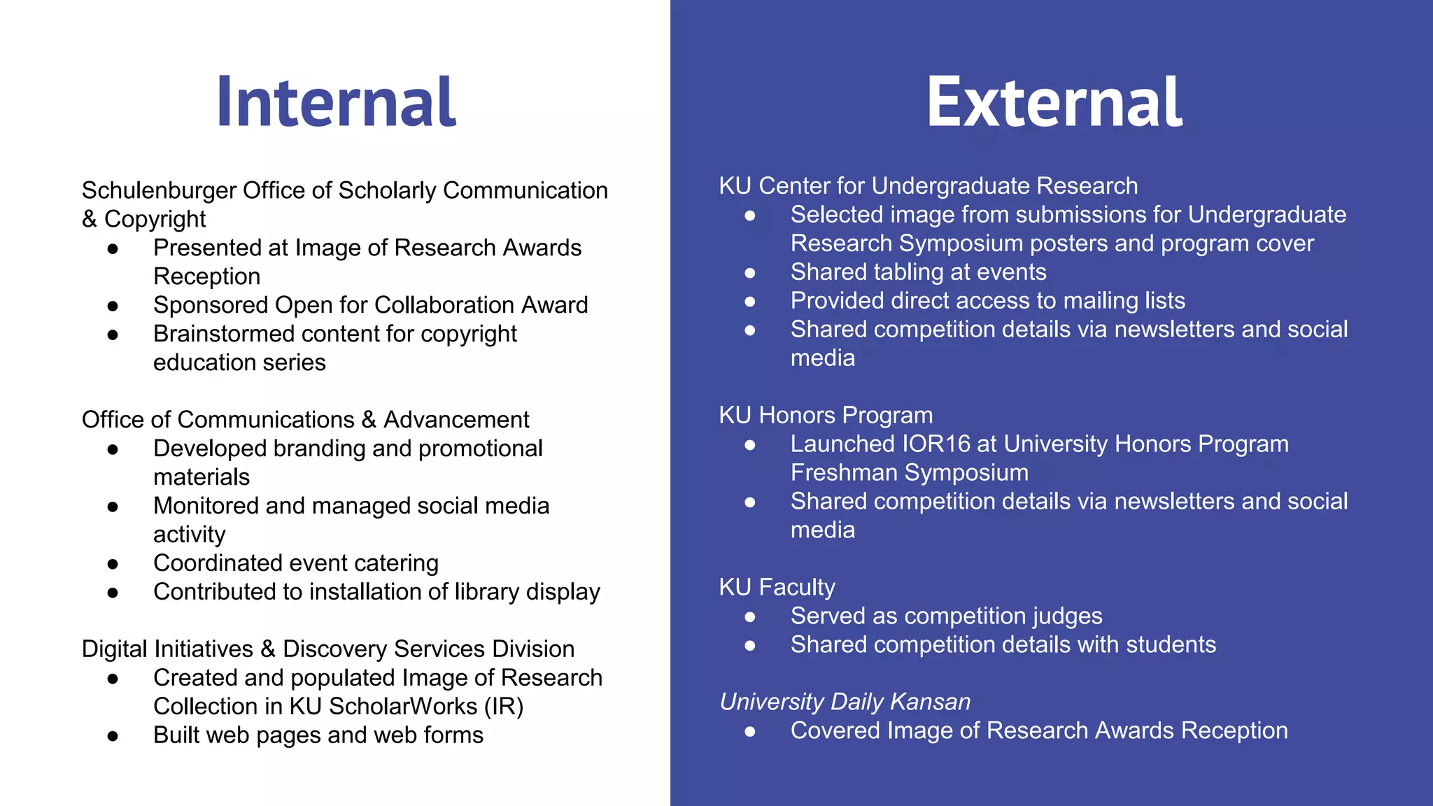 Schulenburger Office of Scholarly Communication
& Copyright
● Presented at Image of Research Awards
Reception
● Sponsored Open for Collaboration Award
● Brainstormed content for copyright
education series
Office of Communications & Advancement
● Developed branding and promotional
materials
● Monitored and managed social media
activity
● Coordinated event catering
● Contributed to installation of library display
Digital Initiatives & Discovery Services Division
● Created and populated Image of Research
Collection in KU ScholarWorks (IR)
● Built web pages and web forms
Internal External
KU Center for Undergraduate Research
● Selected image from submissions for Undergraduate
Research Symposium posters and program cover
● Shared tabling at events
● Provided direct access to mailing lists
● Shared competition details via newsletters and social
media
KU Honors Program
● Launched IOR16 at University Honors Program
Freshman Symposium
● Shared competition details via newsletters and social
media
KU Faculty
● Served as competition judges
● Shared competition details with students
University Daily Kansan
● Covered Image of Research Awards Reception
 