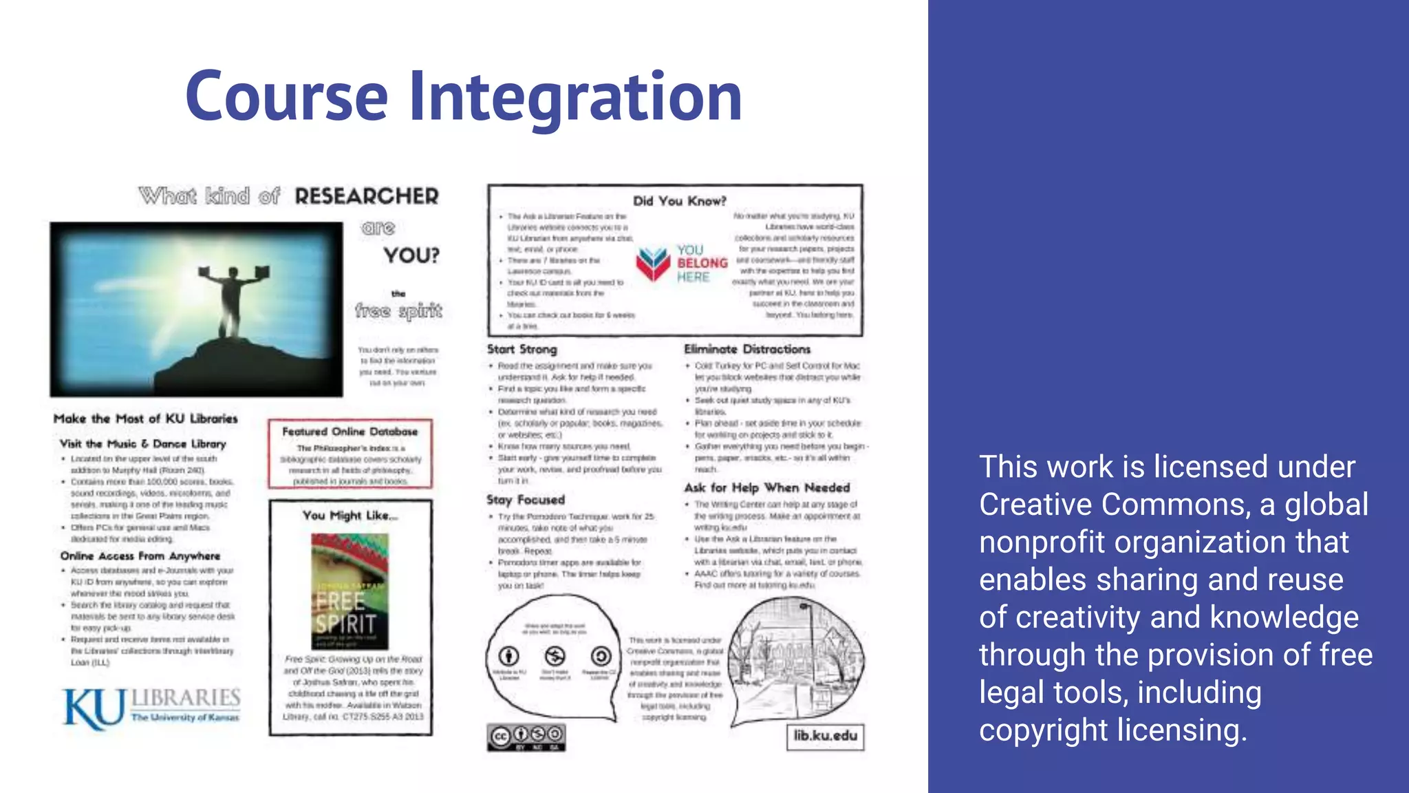 Course Integration
This work is licensed under
Creative Commons, a global
nonprofit organization that
enables sharing and reuse
of creativity and knowledge
through the provision of free
legal tools, including
copyright licensing.
 