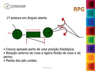 Fabio Mazzola
1ª postura em ângulo aberto
• Coluna apoiada perto de uma posição fisiológica;
• Rotação externa de coxa e ligeira flexão de coxa e de
perna;
• Planta dos pés unidas.
 