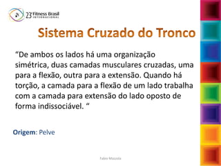 “De ambos os lados há uma organização
simétrica, duas camadas musculares cruzadas, uma
para a flexão, outra para a extensão. Quando há
torção, a camada para a flexão de um lado trabalha
com a camada para extensão do lado oposto de
forma indissociável. “
Cada lado duas camadas: Superficial e Profunda
Origem: Pelve
Término: Ombro Oposto
Fabio Mazzola
 