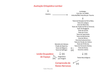 Fabio Mazzola
Lesão Ocupadora
de Espaço
Compressão de
Raízes Nervosas
Diagnóstico
por Imagem
Manobra de Valsava;
Tríade de Dejerine;
Teste de Milgram;
Teste de Naffziger.
Testes Neurológicos
Teste de Elevação da Perna Reta;
Teste de Lasègue;
Sinal de Retorsão;
Teste de Tração do Nervo Femoral;
Teste de Braggard;
Teste de Sicard;
Teste de Turyn;
Teste de Fajersztajn;
Teste de Bechterew;
Sinal de Minor;
Sinal da Corda de Arco;
Teste de Tensão do Ciático;
Teste do Piriforme;
Teste do Horizonte Glúteo;
Teste de Kemp;
Sinal de Lindner.
História
Lombalgia
Com dor nos MMII
Induzida/Não Induzida por Trauma
(+)
(+)
(+) (+)
(+)
Avaliação Ortopédica Lombar
 