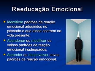Reeducação Emocional Identificar  padrões de reação emocional adquiridos no passado e que ainda ocorrem na vida presente. Abandonar  ou  modificar  os velhos padrões de reação emocional inadequados. Aprender  ou  desenvolver  novos padrões de reação emocional. 