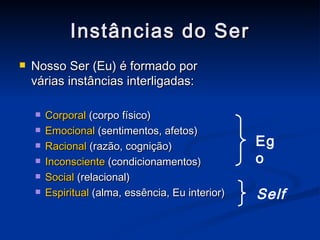 Instâncias do Ser Nosso Ser (Eu) é formado por várias instâncias interligadas: Corporal  (corpo físico) Emocional  (sentimentos, afetos) Racional  (razão, cognição) Inconsciente  (condicionamentos) Social  (relacional) Espiritual  (alma, essência, Eu interior) Ego Self 
