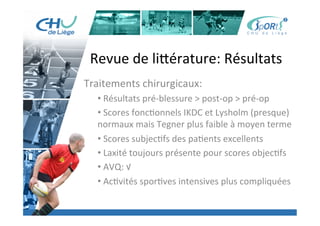 Titre	
  de	
  la	
  page	
  1	
  
Lorem	
  ipsum	
  dolor	
  sit	
  amet,	
  consectetur	
  adipiscing	
  elit,	
  sed	
  do	
  eiusmod	
  tempor	
  incididunt	
  ut	
  
labore	
  et	
  dolore	
  magna	
  aliqua.	
  Ut	
  enim	
  ad	
  minim	
  veniam,	
  quis	
  nostrud	
  exercita:on	
  ullamco	
  laboris	
  
nisi	
  ut	
  aliquip	
  ex	
  ea	
  commodo	
  consequat.	
  Duis	
  aute	
  irure	
  dolor	
  in	
  reprehenderit	
  in	
  voluptate	
  velit	
  esse	
  
cillum	
  dolore	
  eu	
  fugiat	
  nulla	
  pariatur.	
  Excepteur	
  sint	
  occaecat	
  cupidatat	
  non	
  proident,	
  sunt	
  in	
  culpa	
  qui	
  
oﬃcia	
  deserunt	
  mollit	
  anim	
  id	
  est	
  laborum.	
  »	
  
	
  
Lorem	
  ipsum	
  dolor	
  sit	
  amet,	
  consectetur	
  adipiscing	
  elit,	
  sed	
  do	
  eiusmod	
  tempor	
  incididunt	
  ut	
  labore	
  et	
  
dolore	
  magna	
  aliqua.	
  Ut	
  enim	
  ad	
  minim	
  veniam,	
  quis	
  nostrud	
  exercita:on	
  ullamco	
  laboris	
  nisi	
  ut	
  
aliquip	
  ex	
  ea	
  commodo	
  consequat.	
  Duis	
  aute	
  irure	
  dolor	
  in	
  reprehenderit	
  in	
  voluptate	
  velit	
  esse	
  cillum	
  
dolore	
  eu	
  fugiat	
  nulla	
  pariatur.	
  Excepteur	
  sint	
  occaecat	
  cupidatat	
  non	
  proident,	
  sunt	
  in	
  culpa	
  qui	
  oﬃcia	
  
deserunt	
  mollit	
  anim	
  id	
  est	
  laborum.	
  »	
  
	
  
Lorem	
  ipsum	
  dolor	
  sit	
  amet,	
  consectetur	
  adipiscing	
  elit,	
  sed	
  do	
  eiusmod	
  tempor	
  incididunt	
  ut	
  labore	
  et	
  
dolore	
  magna	
  aliqua.	
  Ut	
  enim	
  ad	
  minim	
  veniam,	
  quis	
  nostrud	
  exercita:on	
  ullamco	
  laboris	
  nisi	
  ut	
  
aliquip	
  ex	
  ea	
  commodo	
  consequat.	
  Duis	
  aute	
  irure	
  dolor	
  in	
  reprehenderit	
  in	
  voluptate	
  velit	
  esse	
  cillum	
  
dolore	
  eu	
  fugiat	
  nulla	
  pariatur.	
  Excepteur	
  sint	
  occaecat	
  cupidatat	
  non	
  proident,	
  sunt	
  in	
  culpa	
  qui	
  oﬃcia	
  
deserunt	
  mollit	
  anim	
  id	
  est	
  laborum."	
  
Revue	
  de	
  li[érature:	
  Résultats	
  
Traitements	
  chirurgicaux:	
  
• 	
  Résultats	
  pré-­‐blessure	
  >	
  post-­‐op	
  >	
  pré-­‐op	
  
• 	
  Scores	
  fonc:onnels	
  IKDC	
  et	
  Lysholm	
  (presque)	
  
normaux	
  mais	
  Tegner	
  plus	
  faible	
  à	
  moyen	
  terme	
  
• 	
  Scores	
  subjec:fs	
  des	
  pa:ents	
  excellents	
  
• 	
  Laxité	
  toujours	
  présente	
  pour	
  scores	
  objec:fs	
  
• 	
  AVQ:	
  √	
  
• 	
  Ac:vités	
  spor:ves	
  intensives	
  plus	
  compliquées	
  
 