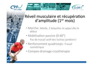 Titre	
  de	
  la	
  page	
  1	
  
Lorem	
  ipsum	
  dolor	
  sit	
  amet,	
  consectetur	
  adipiscing	
  elit,	
  sed	
  do	
  eiusmod	
  tempor	
  incididunt	
  ut	
  
labore	
  et	
  dolore	
  magna	
  aliqua.	
  Ut	
  enim	
  ad	
  minim	
  veniam,	
  quis	
  nostrud	
  exercita:on	
  ullamco	
  laboris	
  
nisi	
  ut	
  aliquip	
  ex	
  ea	
  commodo	
  consequat.	
  Duis	
  aute	
  irure	
  dolor	
  in	
  reprehenderit	
  in	
  voluptate	
  velit	
  esse	
  
cillum	
  dolore	
  eu	
  fugiat	
  nulla	
  pariatur.	
  Excepteur	
  sint	
  occaecat	
  cupidatat	
  non	
  proident,	
  sunt	
  in	
  culpa	
  qui	
  
oﬃcia	
  deserunt	
  mollit	
  anim	
  id	
  est	
  laborum.	
  »	
  
	
  
Lorem	
  ipsum	
  dolor	
  sit	
  amet,	
  consectetur	
  adipiscing	
  elit,	
  sed	
  do	
  eiusmod	
  tempor	
  incididunt	
  ut	
  labore	
  et	
  
dolore	
  magna	
  aliqua.	
  Ut	
  enim	
  ad	
  minim	
  veniam,	
  quis	
  nostrud	
  exercita:on	
  ullamco	
  laboris	
  nisi	
  ut	
  
aliquip	
  ex	
  ea	
  commodo	
  consequat.	
  Duis	
  aute	
  irure	
  dolor	
  in	
  reprehenderit	
  in	
  voluptate	
  velit	
  esse	
  cillum	
  
dolore	
  eu	
  fugiat	
  nulla	
  pariatur.	
  Excepteur	
  sint	
  occaecat	
  cupidatat	
  non	
  proident,	
  sunt	
  in	
  culpa	
  qui	
  oﬃcia	
  
deserunt	
  mollit	
  anim	
  id	
  est	
  laborum.	
  »	
  
	
  
Lorem	
  ipsum	
  dolor	
  sit	
  amet,	
  consectetur	
  adipiscing	
  elit,	
  sed	
  do	
  eiusmod	
  tempor	
  incididunt	
  ut	
  labore	
  et	
  
dolore	
  magna	
  aliqua.	
  Ut	
  enim	
  ad	
  minim	
  veniam,	
  quis	
  nostrud	
  exercita:on	
  ullamco	
  laboris	
  nisi	
  ut	
  
aliquip	
  ex	
  ea	
  commodo	
  consequat.	
  Duis	
  aute	
  irure	
  dolor	
  in	
  reprehenderit	
  in	
  voluptate	
  velit	
  esse	
  cillum	
  
dolore	
  eu	
  fugiat	
  nulla	
  pariatur.	
  Excepteur	
  sint	
  occaecat	
  cupidatat	
  non	
  proident,	
  sunt	
  in	
  culpa	
  qui	
  oﬃcia	
  
deserunt	
  mollit	
  anim	
  id	
  est	
  laborum."	
  
Réveil	
  musculaire	
  et	
  récupéra:on	
  
d’amplitude	
  (1er	
  mois)	
  
	
  
• 	
  Marche:	
  A[elle,	
  2	
  béquilles	
  et	
  appui	
  dès	
  le	
  	
  
	
  début	
  
• 	
  Mobilisa:on	
  passive	
  (0-­‐60°)	
  
Pas	
  de	
  travail	
  ac:f	
  des	
  Ischios-­‐jambiers!	
  
• 	
  Renforcement	
  quadriceps:	
  Travail	
  
	
  isométrique	
  	
  
• 	
  Compex-­‐drainage-­‐cryothérapie	
  
 