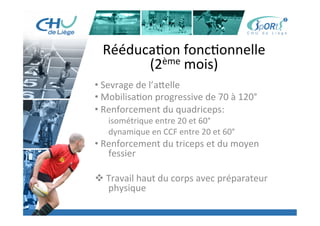 Titre	
  de	
  la	
  page	
  1	
  
Lorem	
  ipsum	
  dolor	
  sit	
  amet,	
  consectetur	
  adipiscing	
  elit,	
  sed	
  do	
  eiusmod	
  tempor	
  incididunt	
  ut	
  
labore	
  et	
  dolore	
  magna	
  aliqua.	
  Ut	
  enim	
  ad	
  minim	
  veniam,	
  quis	
  nostrud	
  exercita:on	
  ullamco	
  laboris	
  
nisi	
  ut	
  aliquip	
  ex	
  ea	
  commodo	
  consequat.	
  Duis	
  aute	
  irure	
  dolor	
  in	
  reprehenderit	
  in	
  voluptate	
  velit	
  esse	
  
cillum	
  dolore	
  eu	
  fugiat	
  nulla	
  pariatur.	
  Excepteur	
  sint	
  occaecat	
  cupidatat	
  non	
  proident,	
  sunt	
  in	
  culpa	
  qui	
  
oﬃcia	
  deserunt	
  mollit	
  anim	
  id	
  est	
  laborum.	
  »	
  
	
  
Lorem	
  ipsum	
  dolor	
  sit	
  amet,	
  consectetur	
  adipiscing	
  elit,	
  sed	
  do	
  eiusmod	
  tempor	
  incididunt	
  ut	
  labore	
  et	
  
dolore	
  magna	
  aliqua.	
  Ut	
  enim	
  ad	
  minim	
  veniam,	
  quis	
  nostrud	
  exercita:on	
  ullamco	
  laboris	
  nisi	
  ut	
  
aliquip	
  ex	
  ea	
  commodo	
  consequat.	
  Duis	
  aute	
  irure	
  dolor	
  in	
  reprehenderit	
  in	
  voluptate	
  velit	
  esse	
  cillum	
  
dolore	
  eu	
  fugiat	
  nulla	
  pariatur.	
  Excepteur	
  sint	
  occaecat	
  cupidatat	
  non	
  proident,	
  sunt	
  in	
  culpa	
  qui	
  oﬃcia	
  
deserunt	
  mollit	
  anim	
  id	
  est	
  laborum.	
  »	
  
	
  
Lorem	
  ipsum	
  dolor	
  sit	
  amet,	
  consectetur	
  adipiscing	
  elit,	
  sed	
  do	
  eiusmod	
  tempor	
  incididunt	
  ut	
  labore	
  et	
  
dolore	
  magna	
  aliqua.	
  Ut	
  enim	
  ad	
  minim	
  veniam,	
  quis	
  nostrud	
  exercita:on	
  ullamco	
  laboris	
  nisi	
  ut	
  
aliquip	
  ex	
  ea	
  commodo	
  consequat.	
  Duis	
  aute	
  irure	
  dolor	
  in	
  reprehenderit	
  in	
  voluptate	
  velit	
  esse	
  cillum	
  
dolore	
  eu	
  fugiat	
  nulla	
  pariatur.	
  Excepteur	
  sint	
  occaecat	
  cupidatat	
  non	
  proident,	
  sunt	
  in	
  culpa	
  qui	
  oﬃcia	
  
deserunt	
  mollit	
  anim	
  id	
  est	
  laborum."	
  
Rééduca:on	
  fonc:onnelle	
  
(2ème	
  mois)	
  
• 	
  Sevrage	
  de	
  l’a[elle	
  
• 	
  Mobilisa:on	
  progressive	
  de	
  70	
  à	
  120°	
  
• 	
  Renforcement	
  du	
  quadriceps:	
  
isométrique	
  entre	
  20	
  et	
  60°	
  
dynamique	
  en	
  CCF	
  entre	
  20	
  et	
  60°	
  
• 	
  Renforcement	
  du	
  triceps	
  et	
  du	
  moyen	
  
	
  fessier	
  
	
  
v 	
  Travail	
  haut	
  du	
  corps	
  avec	
  préparateur	
  
	
  physique	
  
 