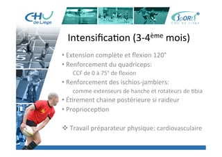 Titre	
  de	
  la	
  page	
  1	
  
Lorem	
  ipsum	
  dolor	
  sit	
  amet,	
  consectetur	
  adipiscing	
  elit,	
  sed	
  do	
  eiusmod	
  tempor	
  incididunt	
  ut	
  
labore	
  et	
  dolore	
  magna	
  aliqua.	
  Ut	
  enim	
  ad	
  minim	
  veniam,	
  quis	
  nostrud	
  exercita:on	
  ullamco	
  laboris	
  
nisi	
  ut	
  aliquip	
  ex	
  ea	
  commodo	
  consequat.	
  Duis	
  aute	
  irure	
  dolor	
  in	
  reprehenderit	
  in	
  voluptate	
  velit	
  esse	
  
cillum	
  dolore	
  eu	
  fugiat	
  nulla	
  pariatur.	
  Excepteur	
  sint	
  occaecat	
  cupidatat	
  non	
  proident,	
  sunt	
  in	
  culpa	
  qui	
  
oﬃcia	
  deserunt	
  mollit	
  anim	
  id	
  est	
  laborum.	
  »	
  
	
  
Lorem	
  ipsum	
  dolor	
  sit	
  amet,	
  consectetur	
  adipiscing	
  elit,	
  sed	
  do	
  eiusmod	
  tempor	
  incididunt	
  ut	
  labore	
  et	
  
dolore	
  magna	
  aliqua.	
  Ut	
  enim	
  ad	
  minim	
  veniam,	
  quis	
  nostrud	
  exercita:on	
  ullamco	
  laboris	
  nisi	
  ut	
  
aliquip	
  ex	
  ea	
  commodo	
  consequat.	
  Duis	
  aute	
  irure	
  dolor	
  in	
  reprehenderit	
  in	
  voluptate	
  velit	
  esse	
  cillum	
  
dolore	
  eu	
  fugiat	
  nulla	
  pariatur.	
  Excepteur	
  sint	
  occaecat	
  cupidatat	
  non	
  proident,	
  sunt	
  in	
  culpa	
  qui	
  oﬃcia	
  
deserunt	
  mollit	
  anim	
  id	
  est	
  laborum.	
  »	
  
	
  
Lorem	
  ipsum	
  dolor	
  sit	
  amet,	
  consectetur	
  adipiscing	
  elit,	
  sed	
  do	
  eiusmod	
  tempor	
  incididunt	
  ut	
  labore	
  et	
  
dolore	
  magna	
  aliqua.	
  Ut	
  enim	
  ad	
  minim	
  veniam,	
  quis	
  nostrud	
  exercita:on	
  ullamco	
  laboris	
  nisi	
  ut	
  
aliquip	
  ex	
  ea	
  commodo	
  consequat.	
  Duis	
  aute	
  irure	
  dolor	
  in	
  reprehenderit	
  in	
  voluptate	
  velit	
  esse	
  cillum	
  
dolore	
  eu	
  fugiat	
  nulla	
  pariatur.	
  Excepteur	
  sint	
  occaecat	
  cupidatat	
  non	
  proident,	
  sunt	
  in	
  culpa	
  qui	
  oﬃcia	
  
deserunt	
  mollit	
  anim	
  id	
  est	
  laborum."	
  
Intensiﬁca:on	
  (3-­‐4ème	
  mois)	
  
• 	
  Extension	
  complète	
  et	
  ﬂexion	
  120°	
  
• 	
  Renforcement	
  du	
  quadriceps:	
  
	
  CCF	
  de	
  0	
  à	
  75°	
  de	
  ﬂexion	
  
• 	
  Renforcement	
  des	
  ischios-­‐jambiers:	
  
	
  comme	
  extenseurs	
  de	
  hanche	
  et	
  rotateurs	
  de	
  :bia	
  
• 	
  É:rement	
  chaine	
  postérieure	
  si	
  raideur	
  
• 	
  Propriocep:on	
  
	
  
v 	
  Travail	
  préparateur	
  physique:	
  cardiovasculaire	
  
 