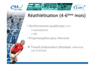 Titre	
  de	
  la	
  page	
  1	
  
Lorem	
  ipsum	
  dolor	
  sit	
  amet,	
  consectetur	
  adipiscing	
  elit,	
  sed	
  do	
  eiusmod	
  tempor	
  incididunt	
  ut	
  
labore	
  et	
  dolore	
  magna	
  aliqua.	
  Ut	
  enim	
  ad	
  minim	
  veniam,	
  quis	
  nostrud	
  exercita:on	
  ullamco	
  laboris	
  
nisi	
  ut	
  aliquip	
  ex	
  ea	
  commodo	
  consequat.	
  Duis	
  aute	
  irure	
  dolor	
  in	
  reprehenderit	
  in	
  voluptate	
  velit	
  esse	
  
cillum	
  dolore	
  eu	
  fugiat	
  nulla	
  pariatur.	
  Excepteur	
  sint	
  occaecat	
  cupidatat	
  non	
  proident,	
  sunt	
  in	
  culpa	
  qui	
  
oﬃcia	
  deserunt	
  mollit	
  anim	
  id	
  est	
  laborum.	
  »	
  
	
  
Lorem	
  ipsum	
  dolor	
  sit	
  amet,	
  consectetur	
  adipiscing	
  elit,	
  sed	
  do	
  eiusmod	
  tempor	
  incididunt	
  ut	
  labore	
  et	
  
dolore	
  magna	
  aliqua.	
  Ut	
  enim	
  ad	
  minim	
  veniam,	
  quis	
  nostrud	
  exercita:on	
  ullamco	
  laboris	
  nisi	
  ut	
  
aliquip	
  ex	
  ea	
  commodo	
  consequat.	
  Duis	
  aute	
  irure	
  dolor	
  in	
  reprehenderit	
  in	
  voluptate	
  velit	
  esse	
  cillum	
  
dolore	
  eu	
  fugiat	
  nulla	
  pariatur.	
  Excepteur	
  sint	
  occaecat	
  cupidatat	
  non	
  proident,	
  sunt	
  in	
  culpa	
  qui	
  oﬃcia	
  
deserunt	
  mollit	
  anim	
  id	
  est	
  laborum.	
  »	
  
	
  
Lorem	
  ipsum	
  dolor	
  sit	
  amet,	
  consectetur	
  adipiscing	
  elit,	
  sed	
  do	
  eiusmod	
  tempor	
  incididunt	
  ut	
  labore	
  et	
  
dolore	
  magna	
  aliqua.	
  Ut	
  enim	
  ad	
  minim	
  veniam,	
  quis	
  nostrud	
  exercita:on	
  ullamco	
  laboris	
  nisi	
  ut	
  
aliquip	
  ex	
  ea	
  commodo	
  consequat.	
  Duis	
  aute	
  irure	
  dolor	
  in	
  reprehenderit	
  in	
  voluptate	
  velit	
  esse	
  cillum	
  
dolore	
  eu	
  fugiat	
  nulla	
  pariatur.	
  Excepteur	
  sint	
  occaecat	
  cupidatat	
  non	
  proident,	
  sunt	
  in	
  culpa	
  qui	
  oﬃcia	
  
deserunt	
  mollit	
  anim	
  id	
  est	
  laborum."	
  
Réathlé:sa:on	
  (4-­‐6ème	
  mois)	
  
	
  
• 	
  Renforcement	
  quadriceps	
  +++:	
  	
  
• 	
  Isociné:sme	
  
• 	
  CCF	
  
• 	
  Propriocep:on	
  plus	
  intensive	
  
	
  
v 	
  Travail	
  préparateur	
  physique:	
  exercices	
  
	
  sur	
  le	
  terrain	
  
 