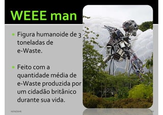  Figura humanoide de 3
toneladas de
e-Waste.
 Feito com a
quantidade média de
e-Waste produzida por
um cidadão britânico
durante sua vida.
10/10/2016 110
 