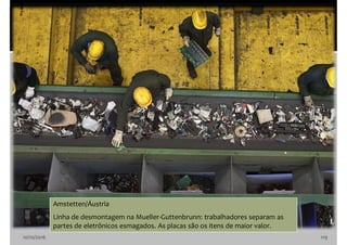 10/10/2016 119
Amstetten/Áustria
Linha de desmontagem na Mueller-Guttenbrunn: trabalhadores separam as
partes de eletrônicos esmagados. As placas são os itens de maior valor.
 